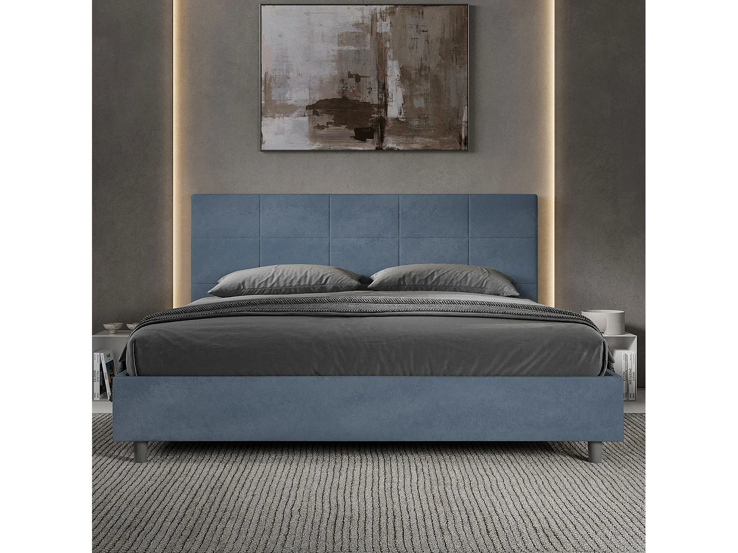 Lit king size avec sommier rembourré 180x200 microfibre bleu Mika