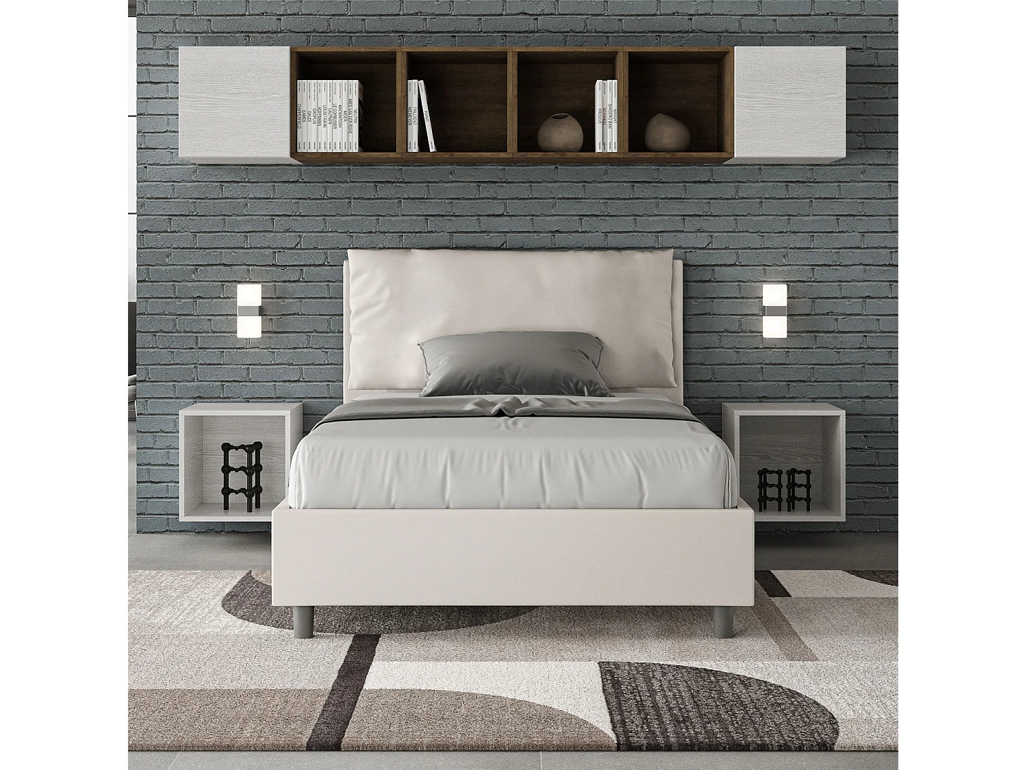 Cama de corpo e meio con estrado estofada 120x190 pele sintética branco Antea Large