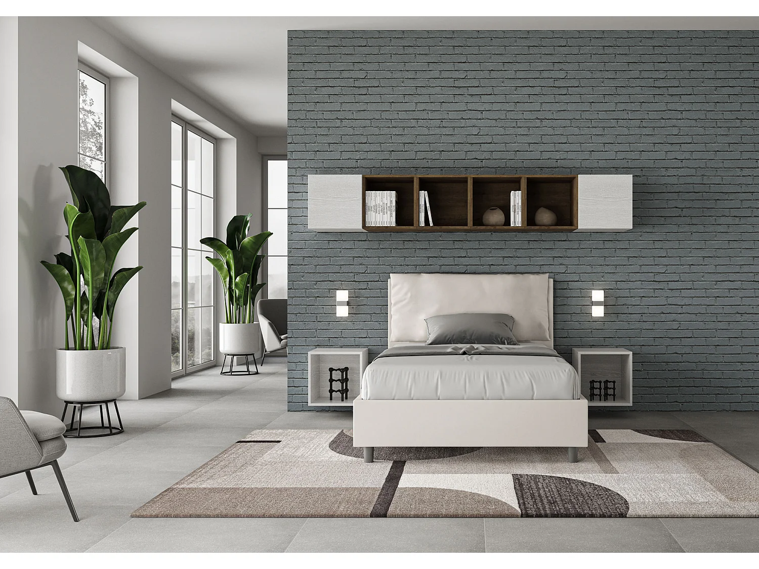 Cama de corpo e meio con estrado estofada 120x190 pele sintética branco Antea Large