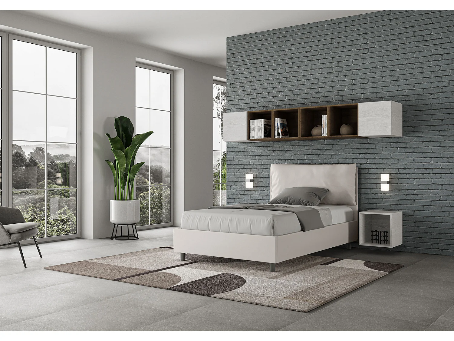 Cama de corpo e meio con estrado estofada 120x190 pele sintética branco Antea Large