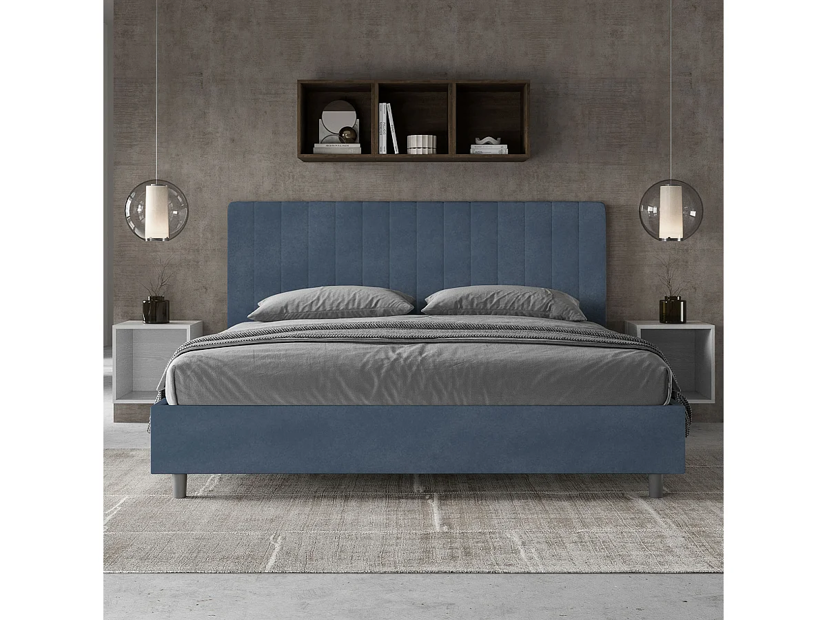 Lit king size sans sommier rembourré 200x200 microfibre bleu Agueda