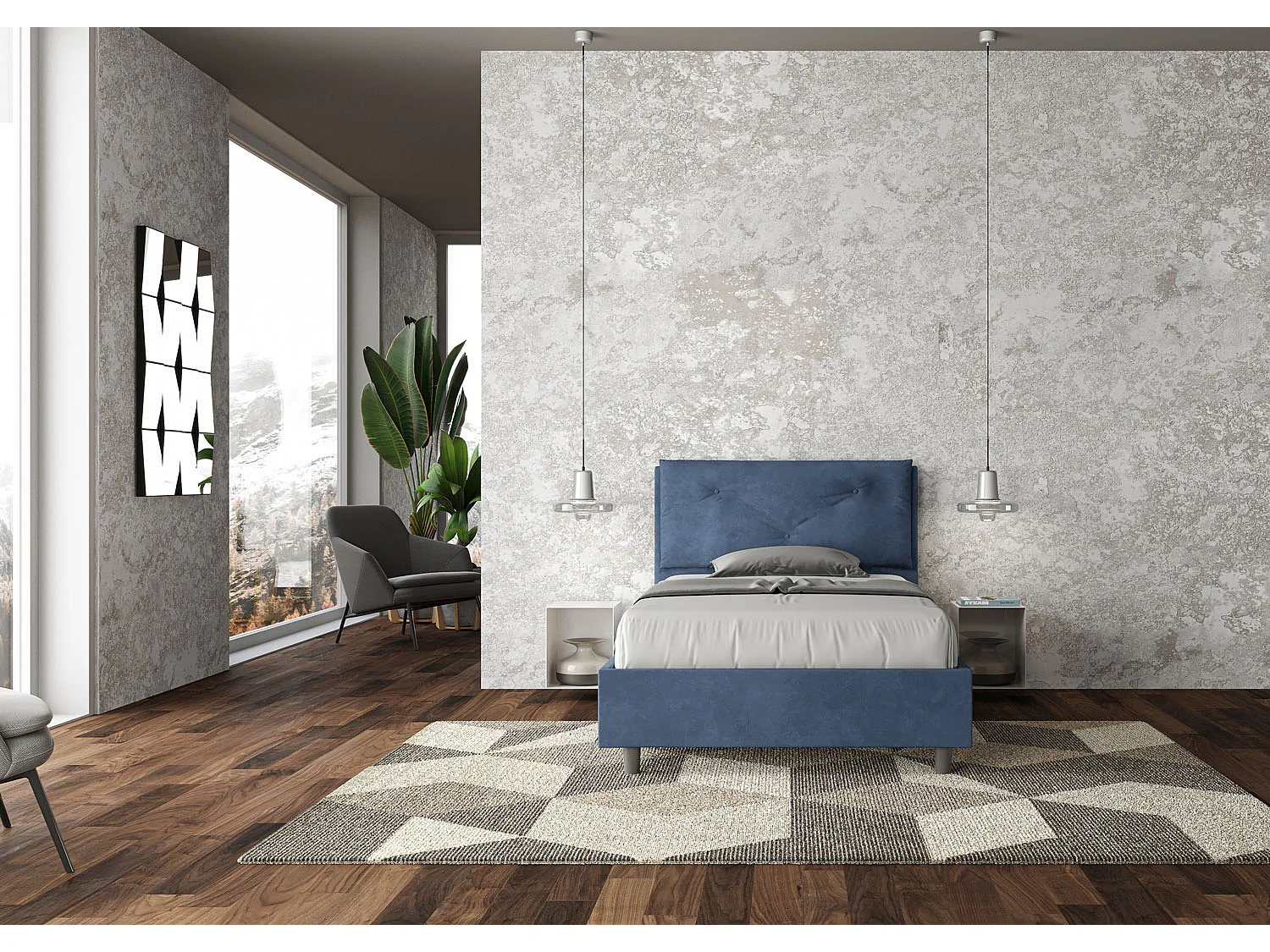 Lit 1 place et demi avec sommier rembourré 120x190 microfibre bleu Appia Large