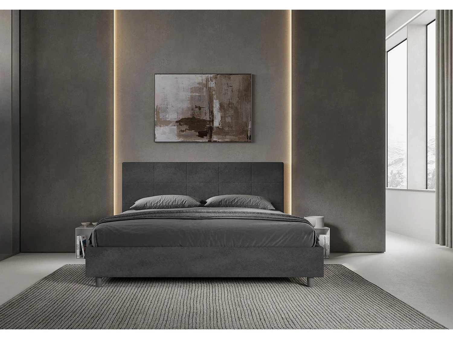 Lit king size sans sommier rembourré 180x210 microfibre gris Mika