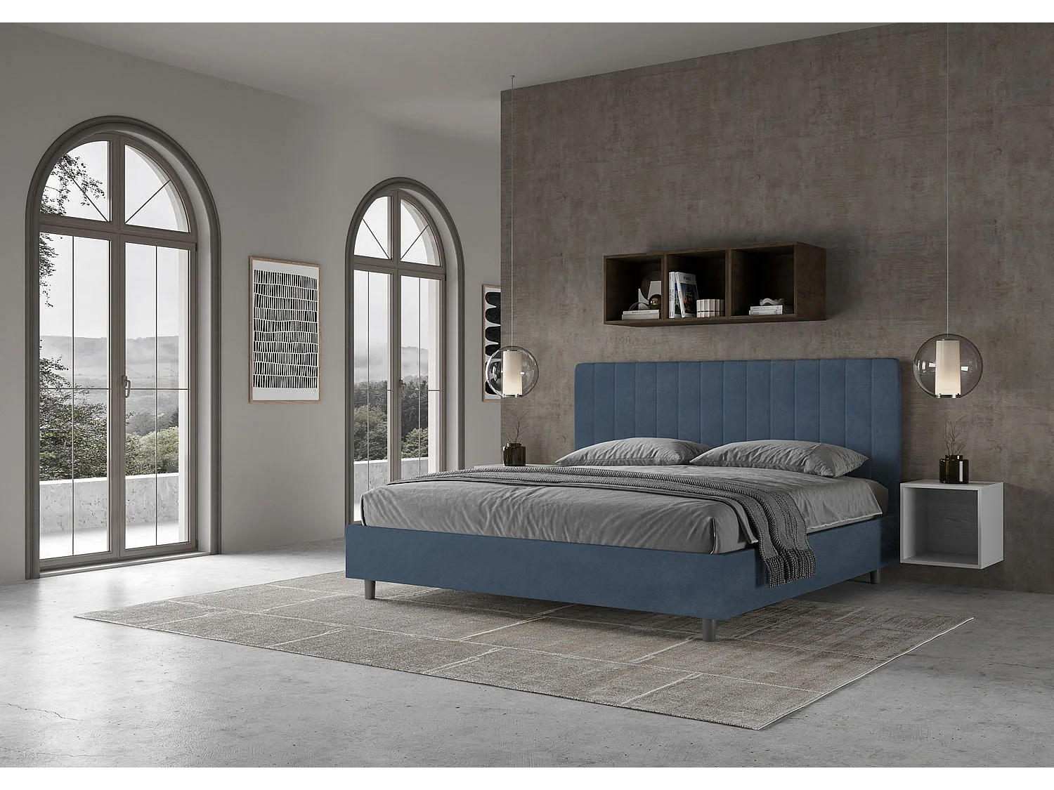 Lit king size avec sommier rembourré 180x200 microfibre bleu Agueda