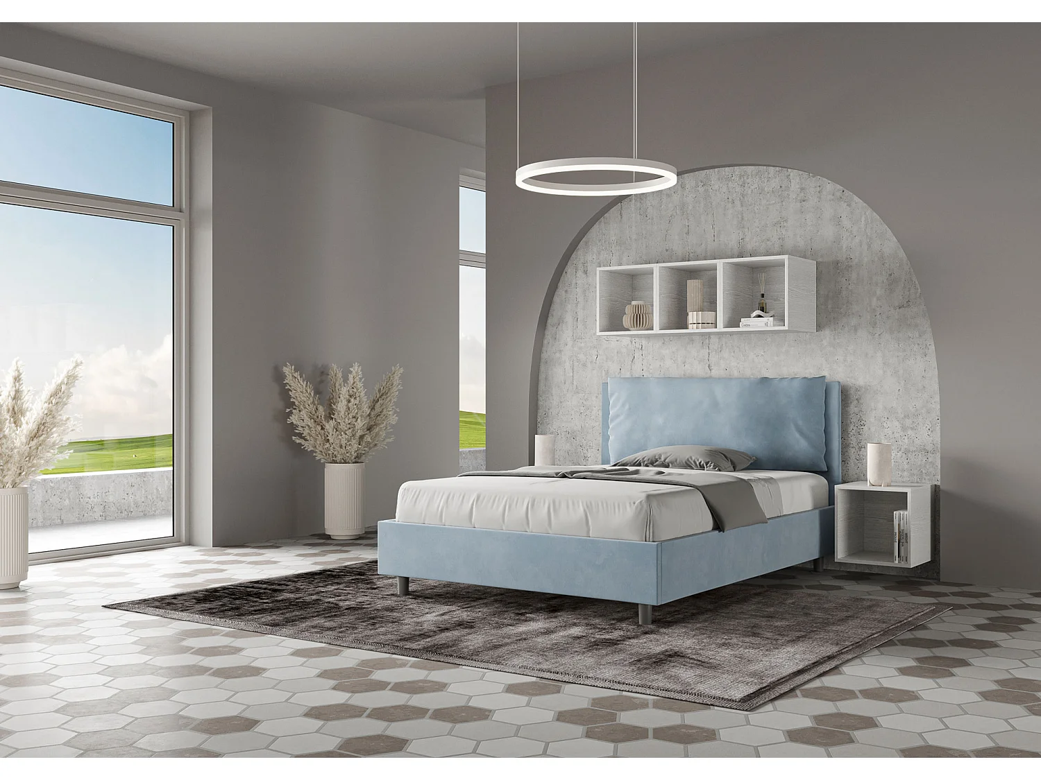 Letto matrimoniale francese con rete imbottito 140x210 microfibra azzurro Antea Large