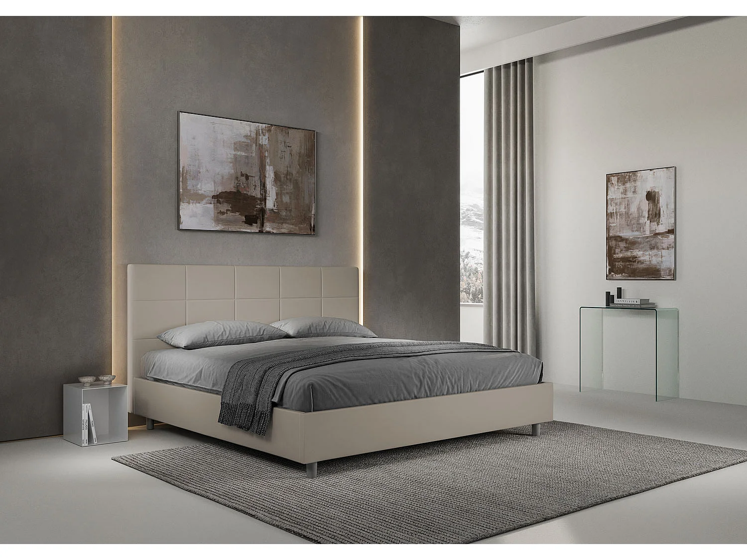 Cama matrimonial con somier acolchada 200x210 cuero sintético gris paloma Mika