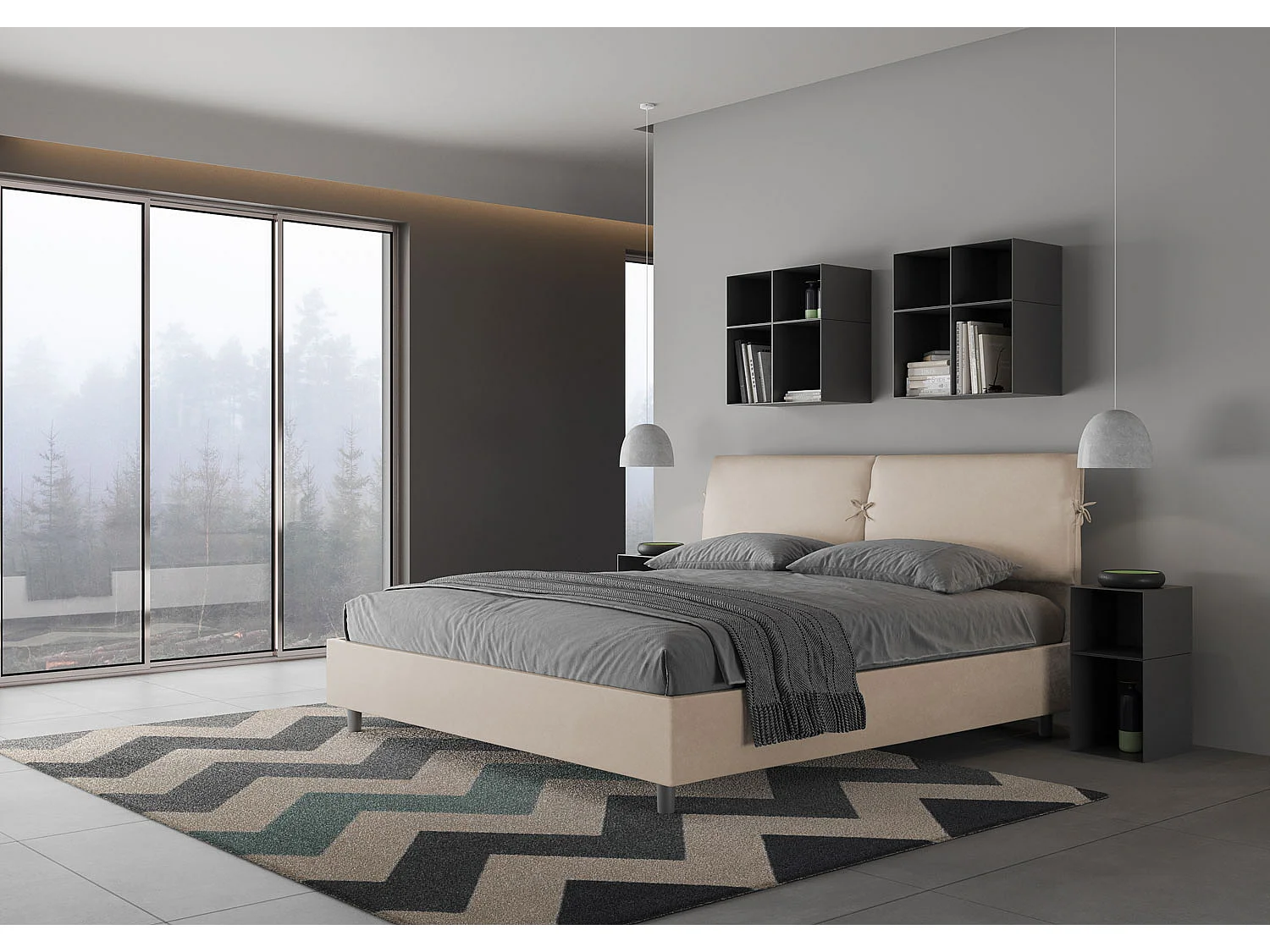 Lit king size avec sommier rembourré 200x200 microfibre sable Mados