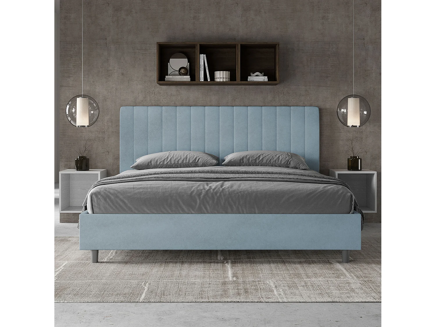 Lit king size sans sommier rembourré 200x210 microfibre bleu clair Agueda