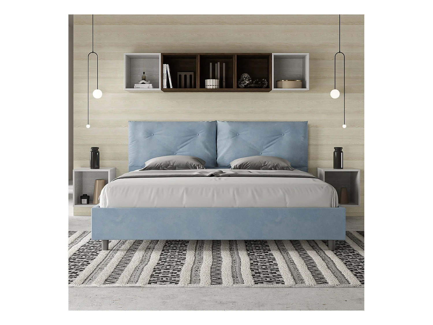 Letto matrimoniale king size senza rete imbottito 200x200 microfibra azzurro Appia Large