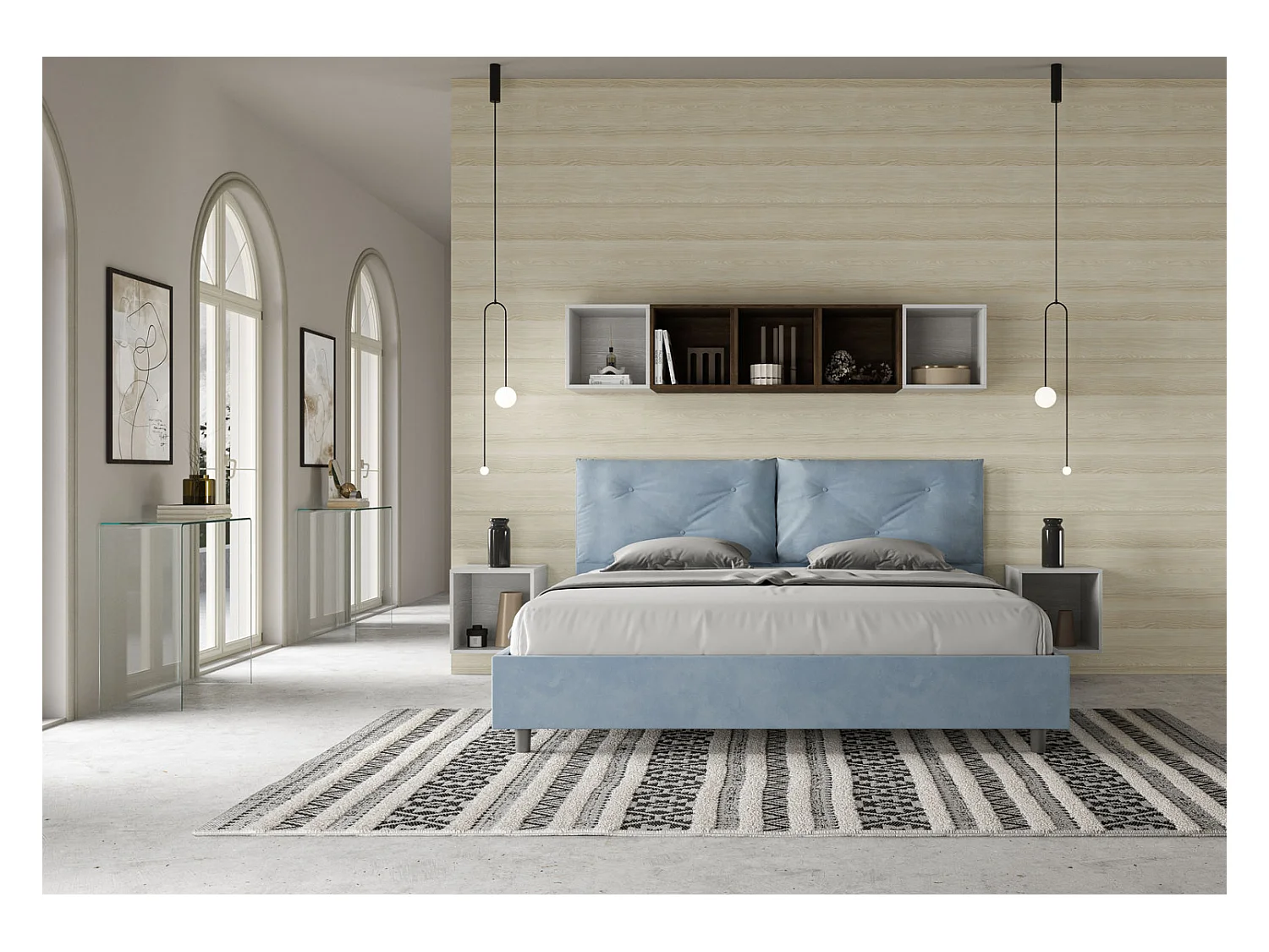 Letto matrimoniale king size senza rete imbottito 200x200 microfibra azzurro Appia Large