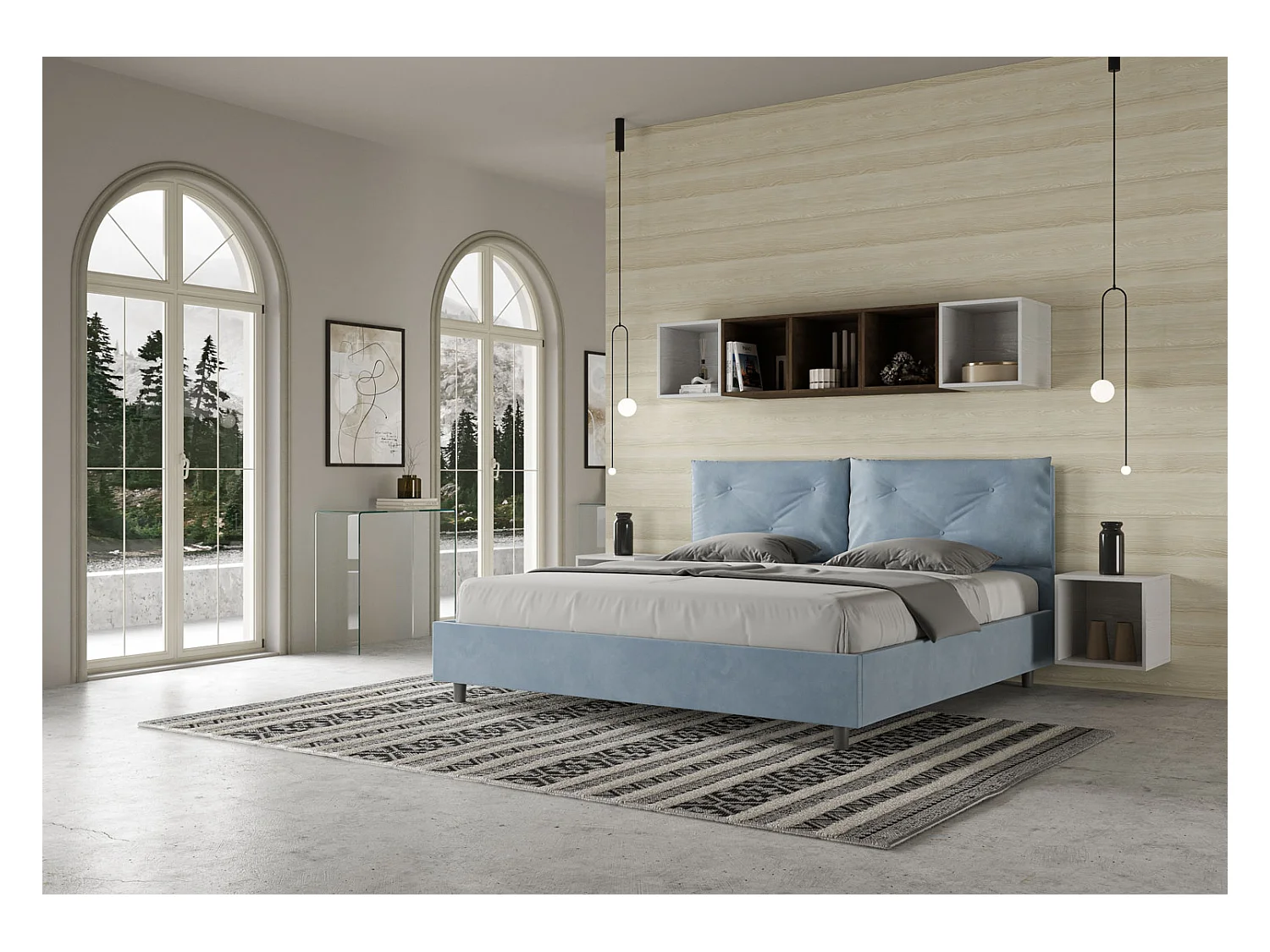 Letto matrimoniale king size senza rete imbottito 200x200 microfibra azzurro Appia Large