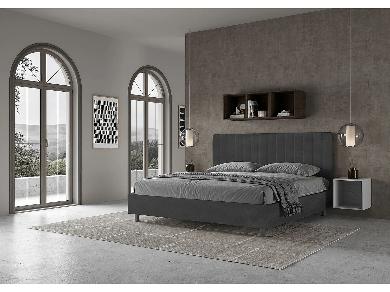 Lit king size sans sommier rembourré 180x210 microfibre gris Agueda