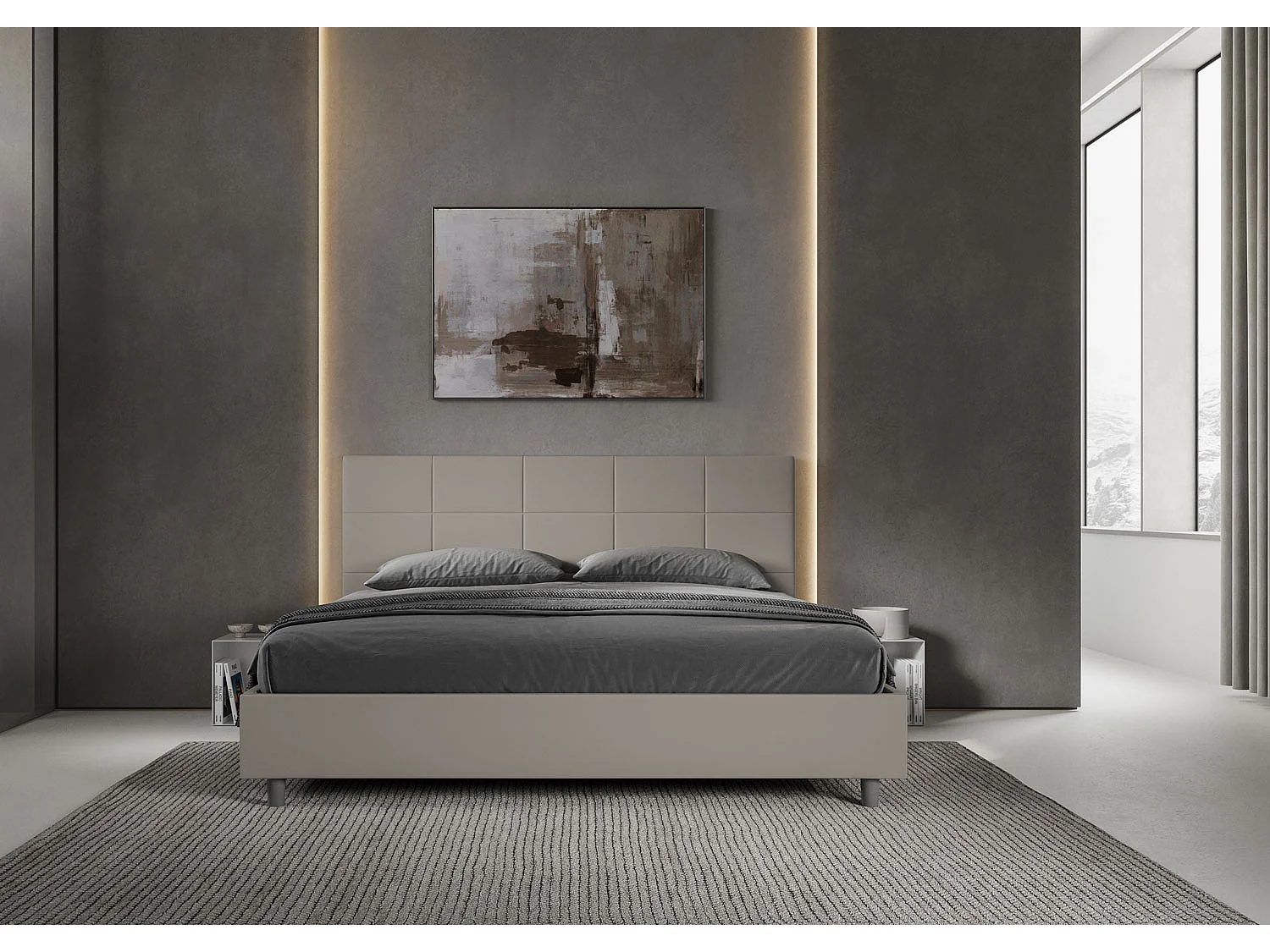 Cama matrimonial sin somier acolchada 200x210 cuero sintético gris paloma Mika