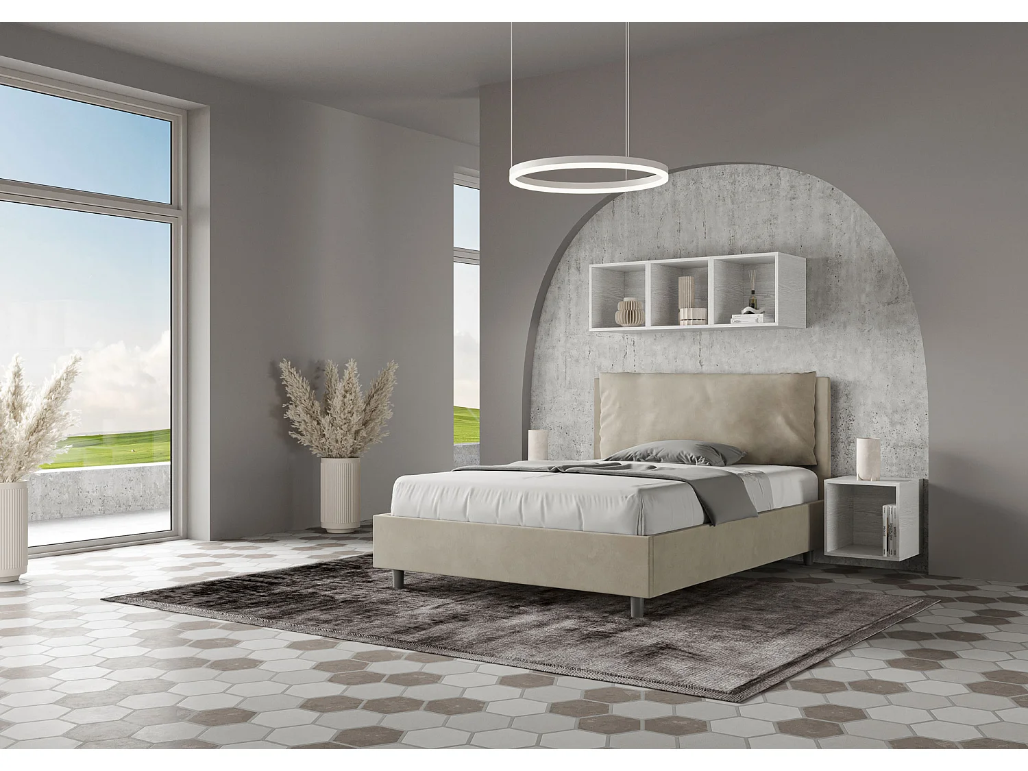 Lit double avec sommier rembourré 140x210 microfibre sable Antea Large