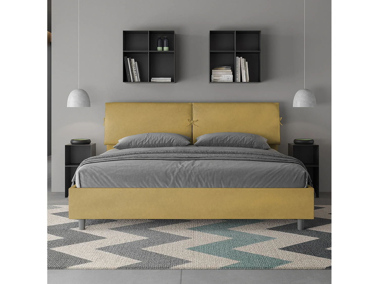 Lit king size sans sommier rembourré 180x210 microfibre ocre Mados