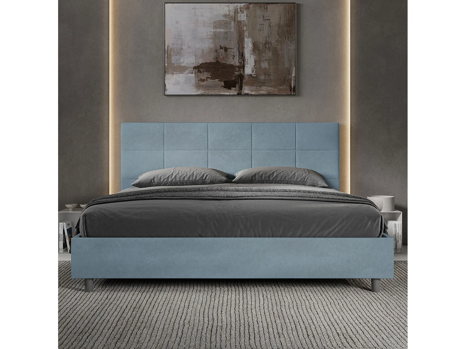 Lit king size sans sommier rembourré 180x200 microfibre bleu clair Mika