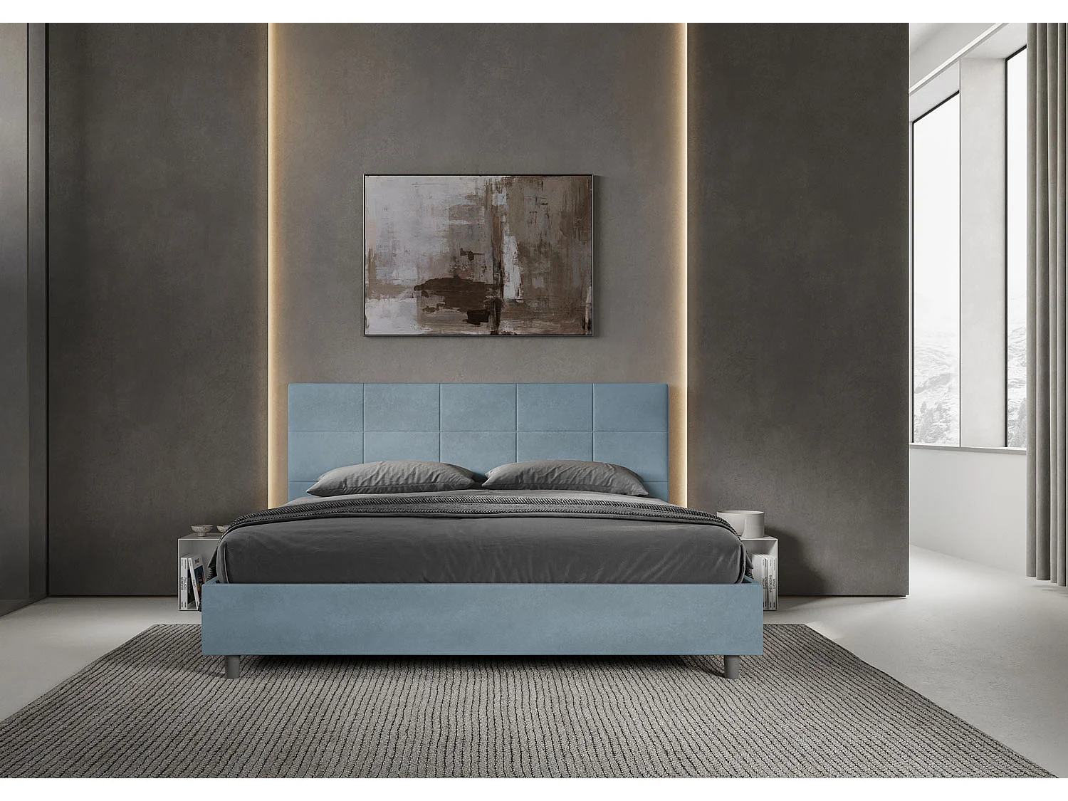 Lit king size sans sommier rembourré 180x200 microfibre bleu clair Mika