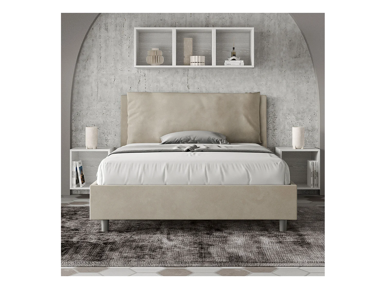Letto matrimoniale francese senza rete imbottito 140x190 microfibra sabbia Antea Large