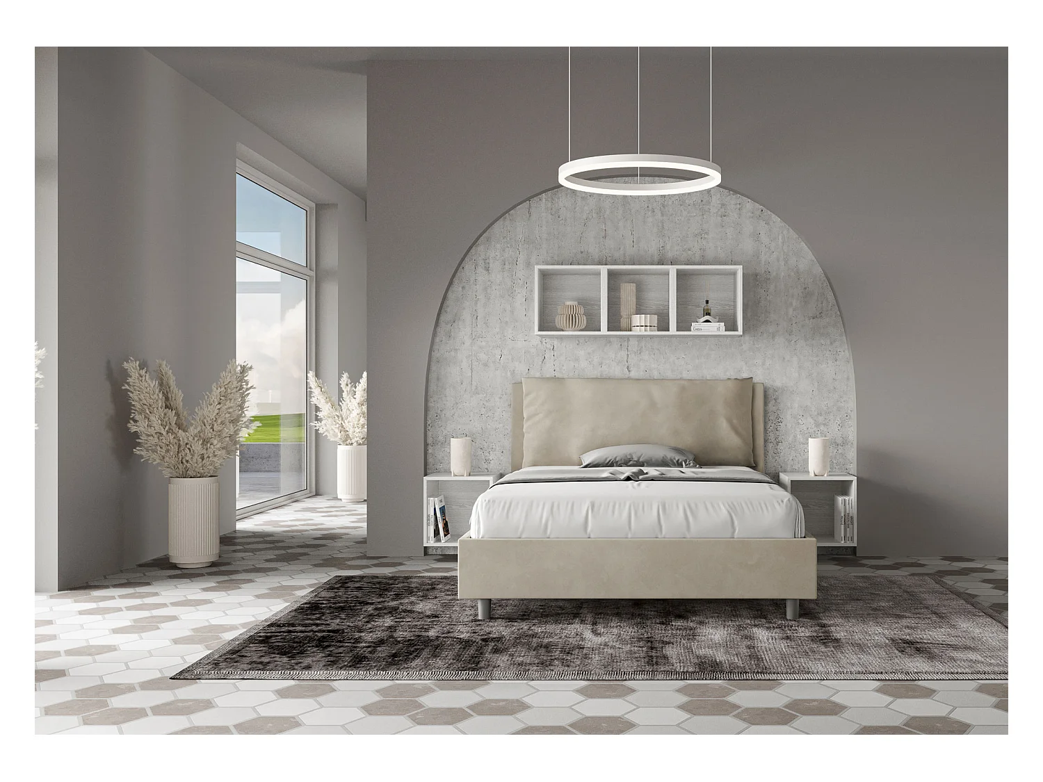 Letto matrimoniale francese senza rete imbottito 140x190 microfibra sabbia Antea Large