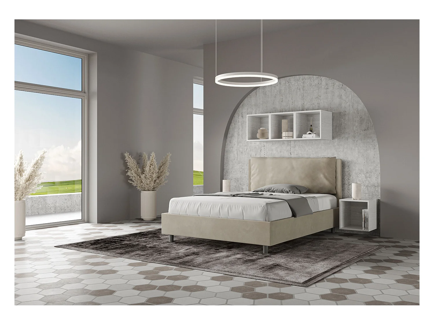Letto matrimoniale francese senza rete imbottito 140x190 microfibra sabbia Antea Large