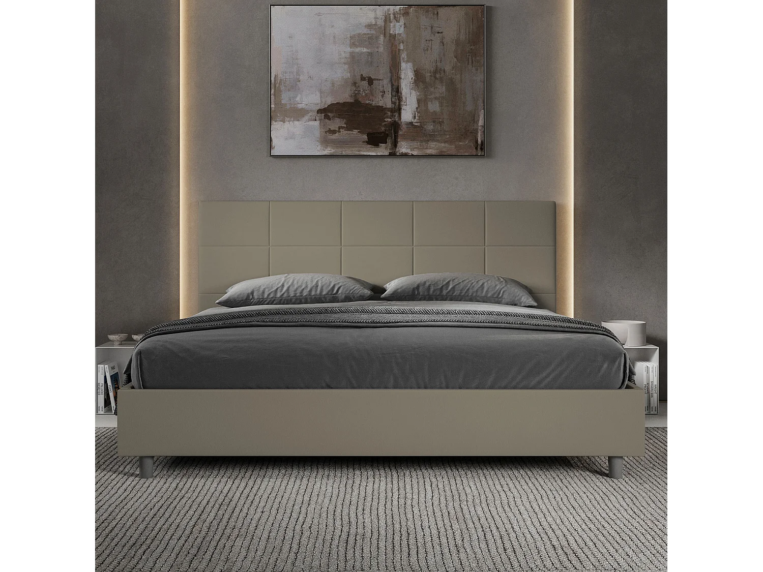 Lit king size sans sommier rembourré 200x200 similicuir cappuccino Mika