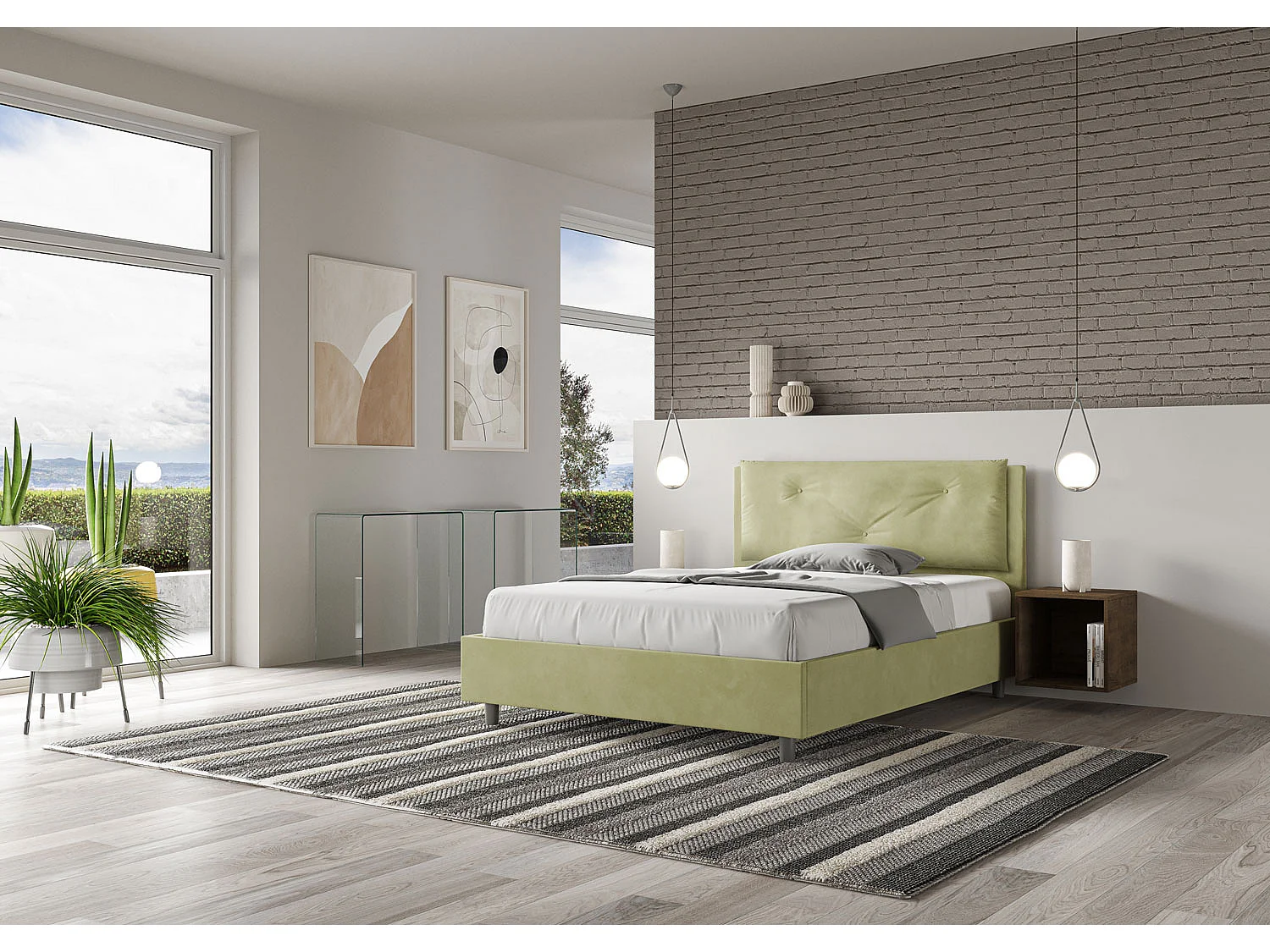 Lit double avec sommier rembourré 140x190 microfibre vert Appia Large
