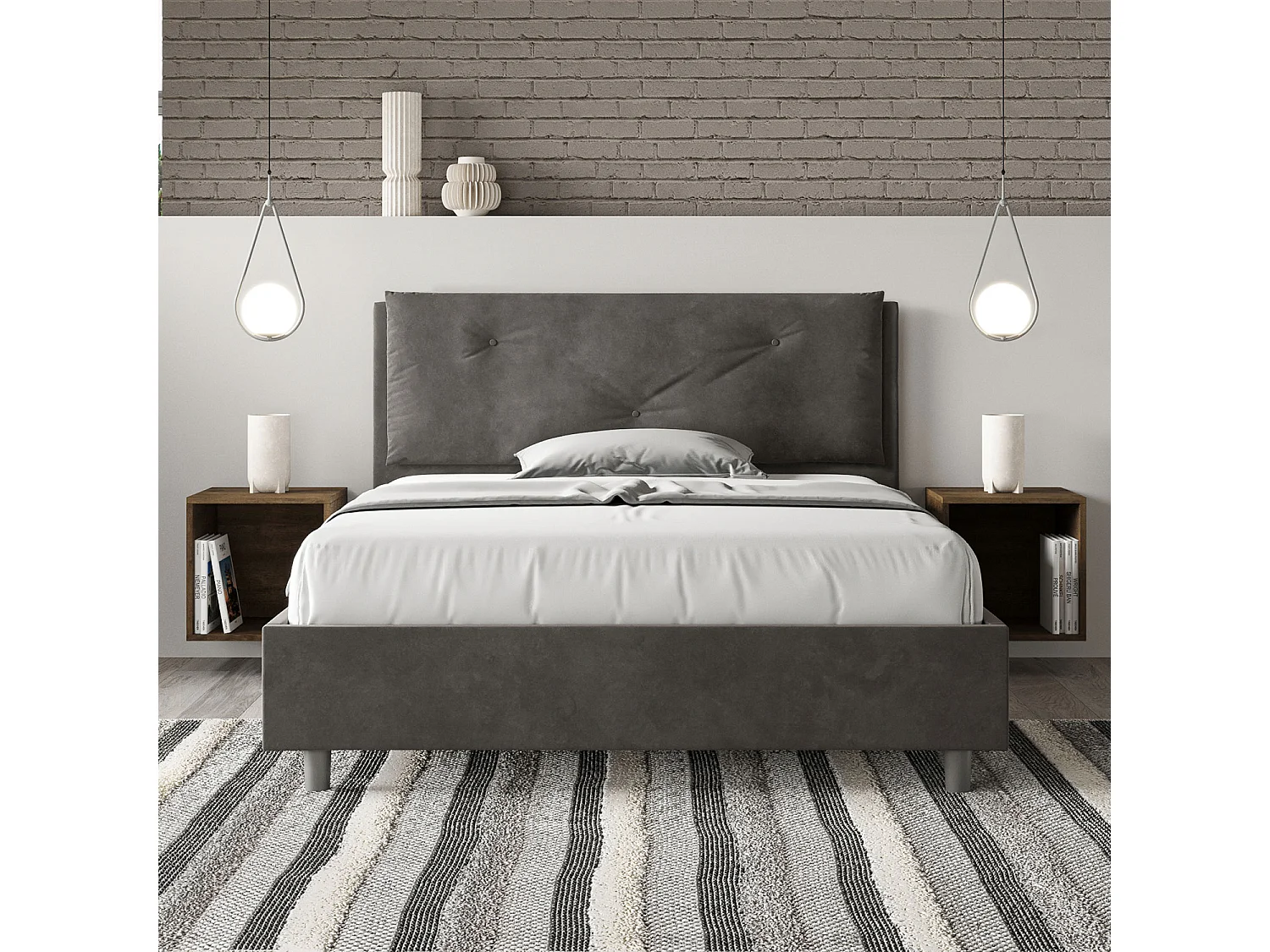 Lit double avec sommier rembourré 140x190 microfibre gris Appia Large