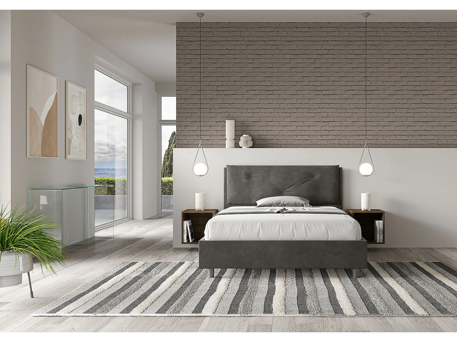 Łóżko wyposażone w stelaż z listwami tapicerowane 140x190 microfibra szary Appia Large