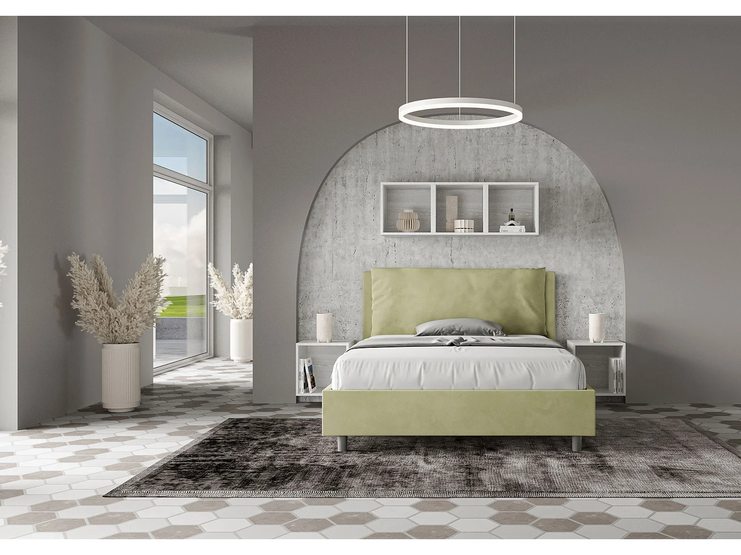 Letto matrimoniale francese con rete imbottito 140x200 microfibra tè verde Antea Large