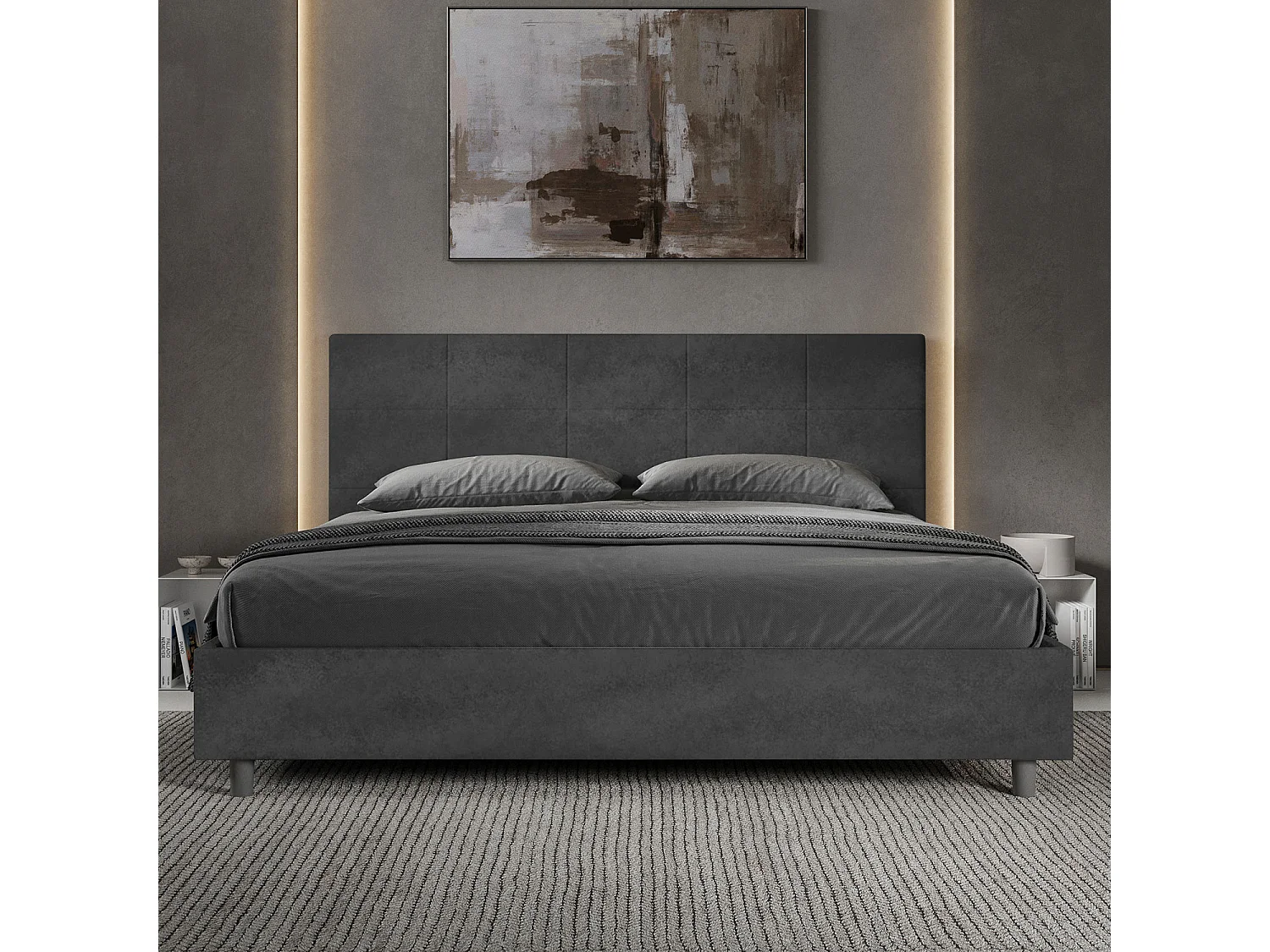 Lit king size sans sommier rembourré 200x210 microfibre gris Mika