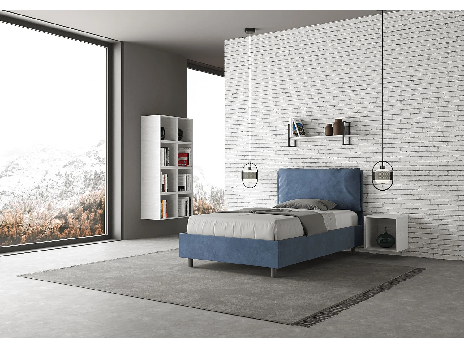 Cama de una plaza y medio con somier acolchada 120x200 microfibra azul Antea Large