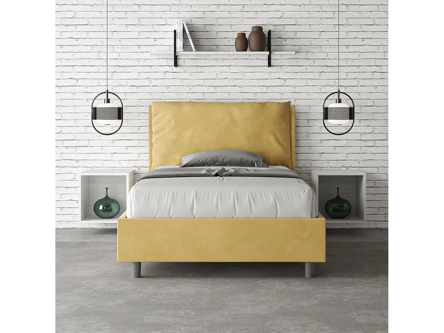 Cama de una plaza y medio con somier acolchada 120x200 microfibra ocre Antea Large