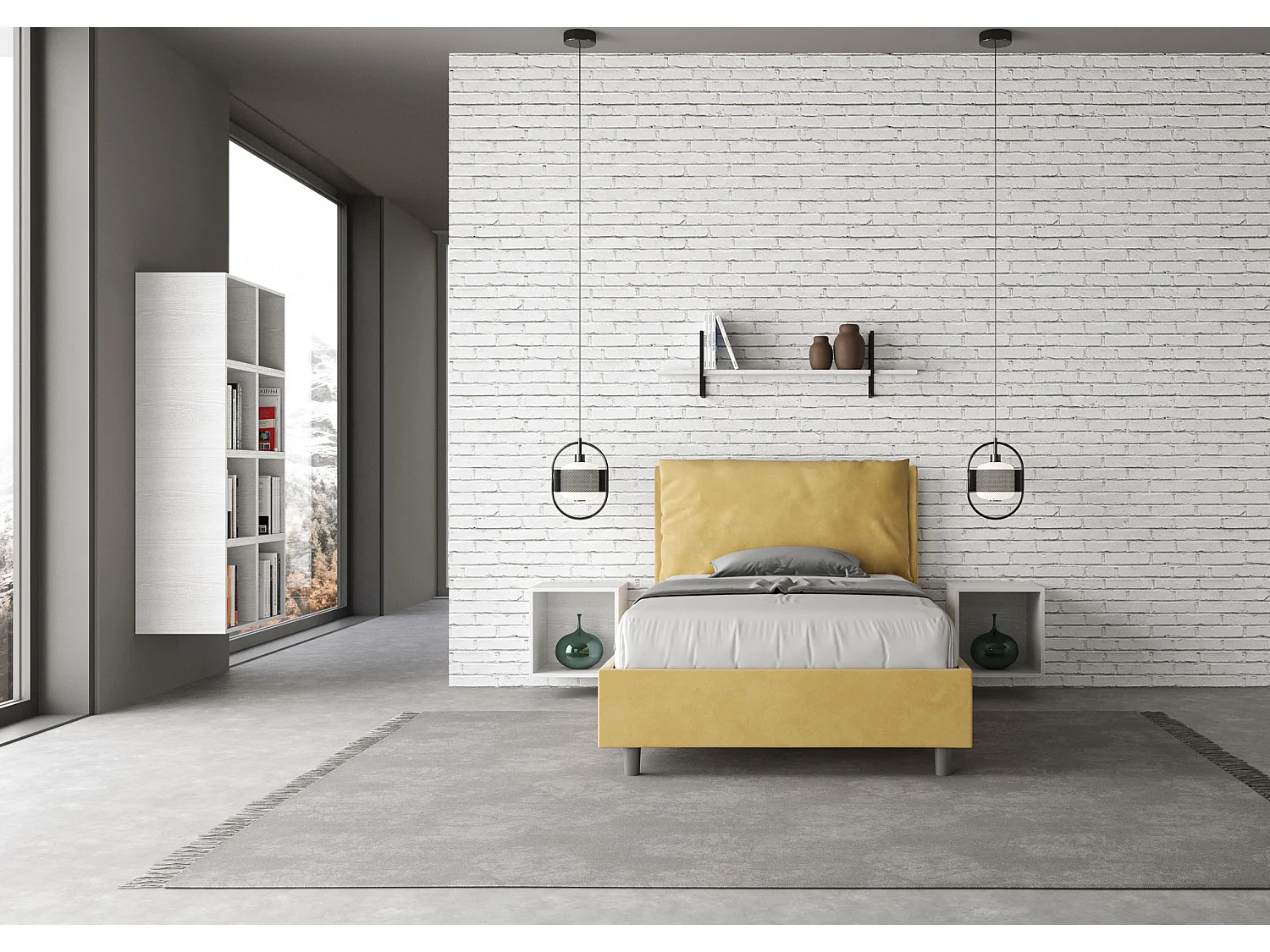 Cama de una plaza y medio con somier acolchada 120x200 microfibra ocre Antea Large