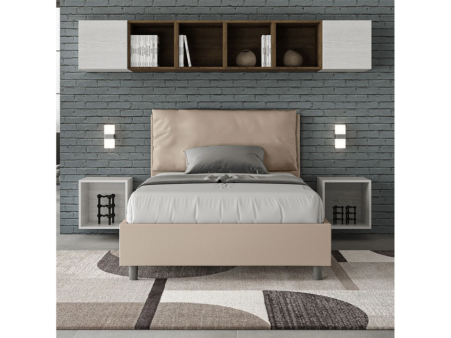 Lit 1 place et demi avec sommier rembourré 120x210 similicuir taupe Antea Large