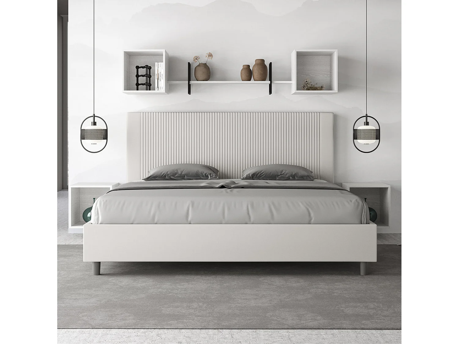 Letto matrimoniale king size con rete imbottito 200x200 similpelle bianco Goya
