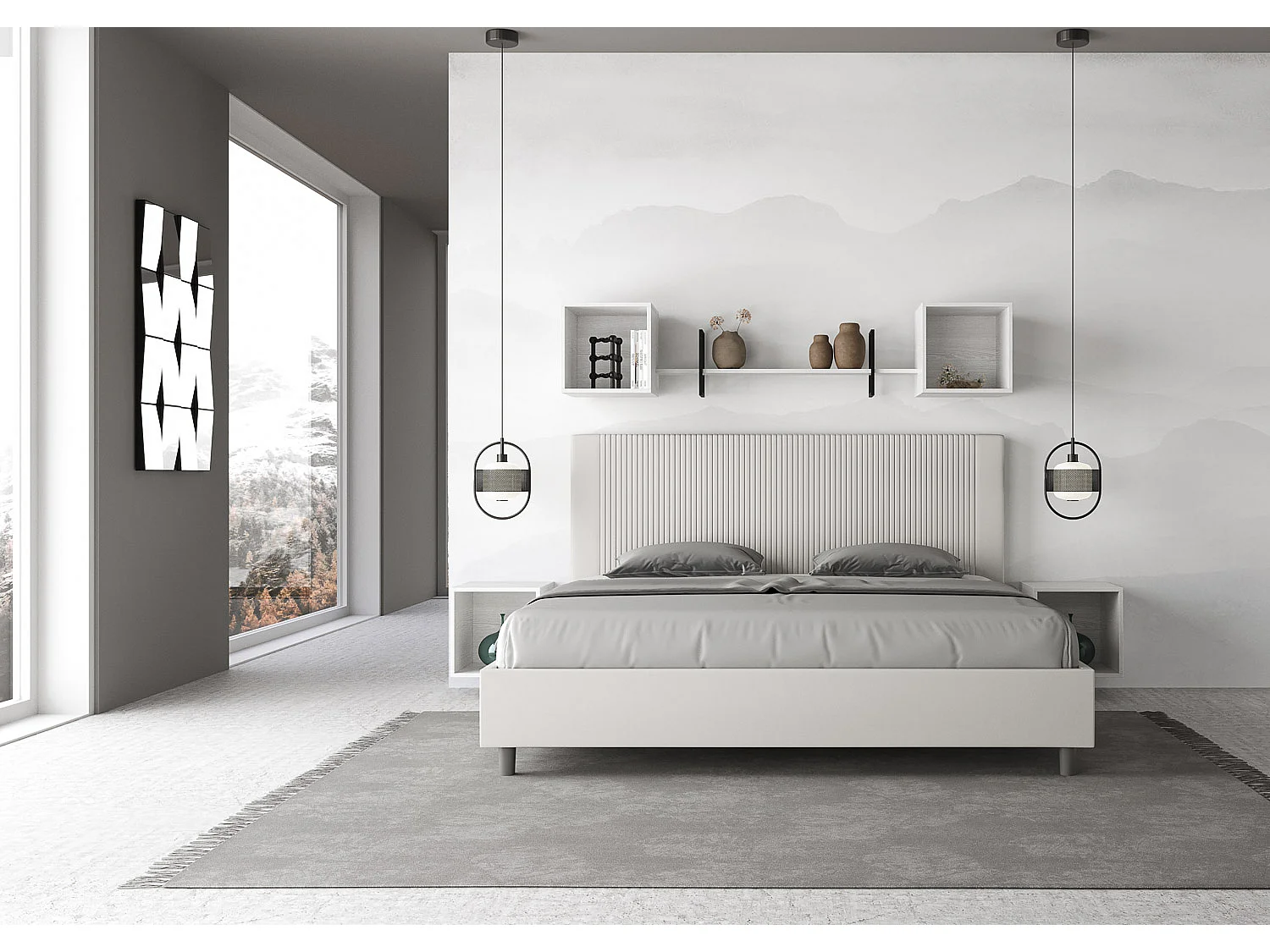 Letto matrimoniale king size con rete imbottito 200x200 similpelle bianco Goya