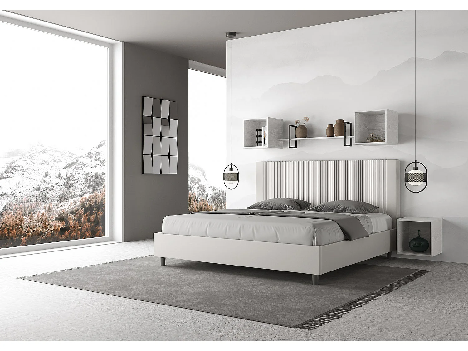 Letto matrimoniale king size con rete imbottito 200x200 similpelle bianco Goya