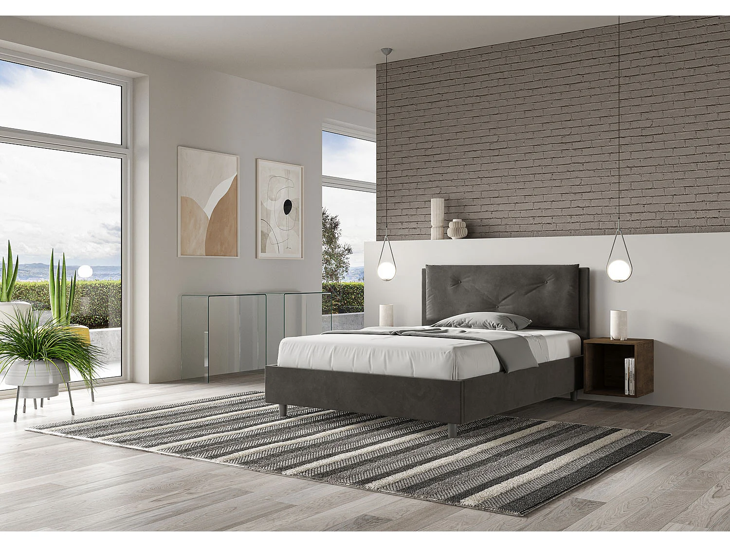 Lit double avec sommier rembourré 140x210 microfibre gris Appia Large