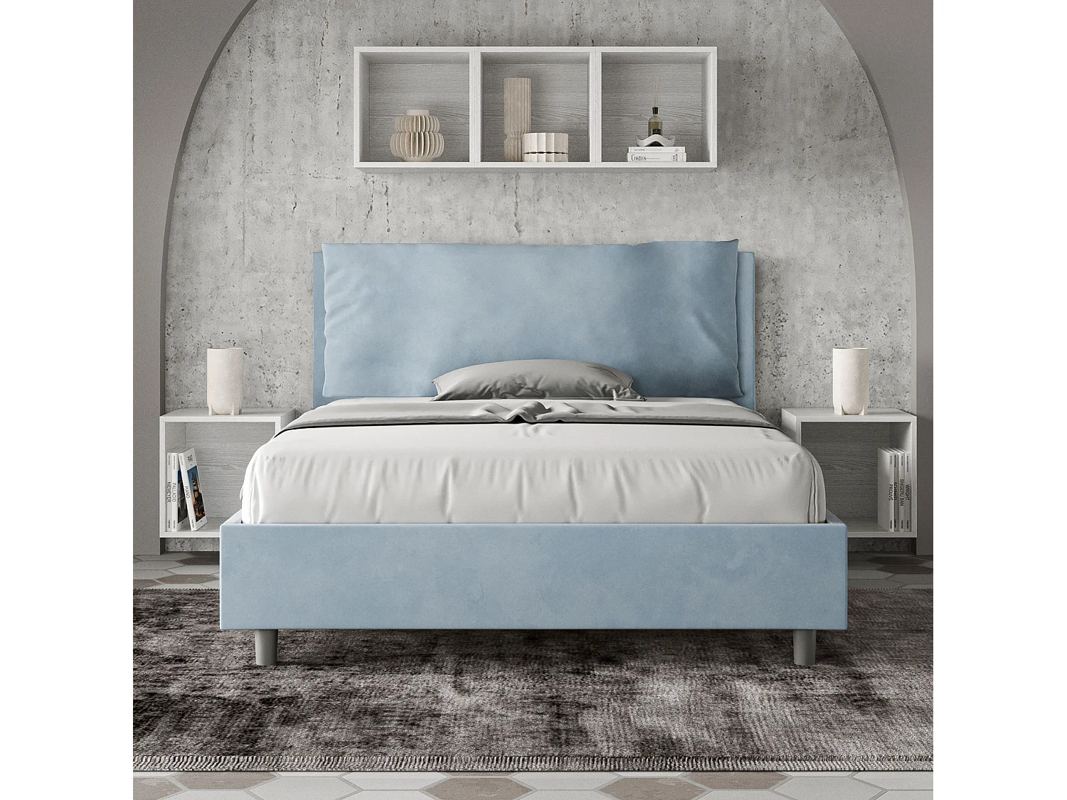 Lit double sans sommier rembourré 140x200 microfibre bleu clair Antea Large