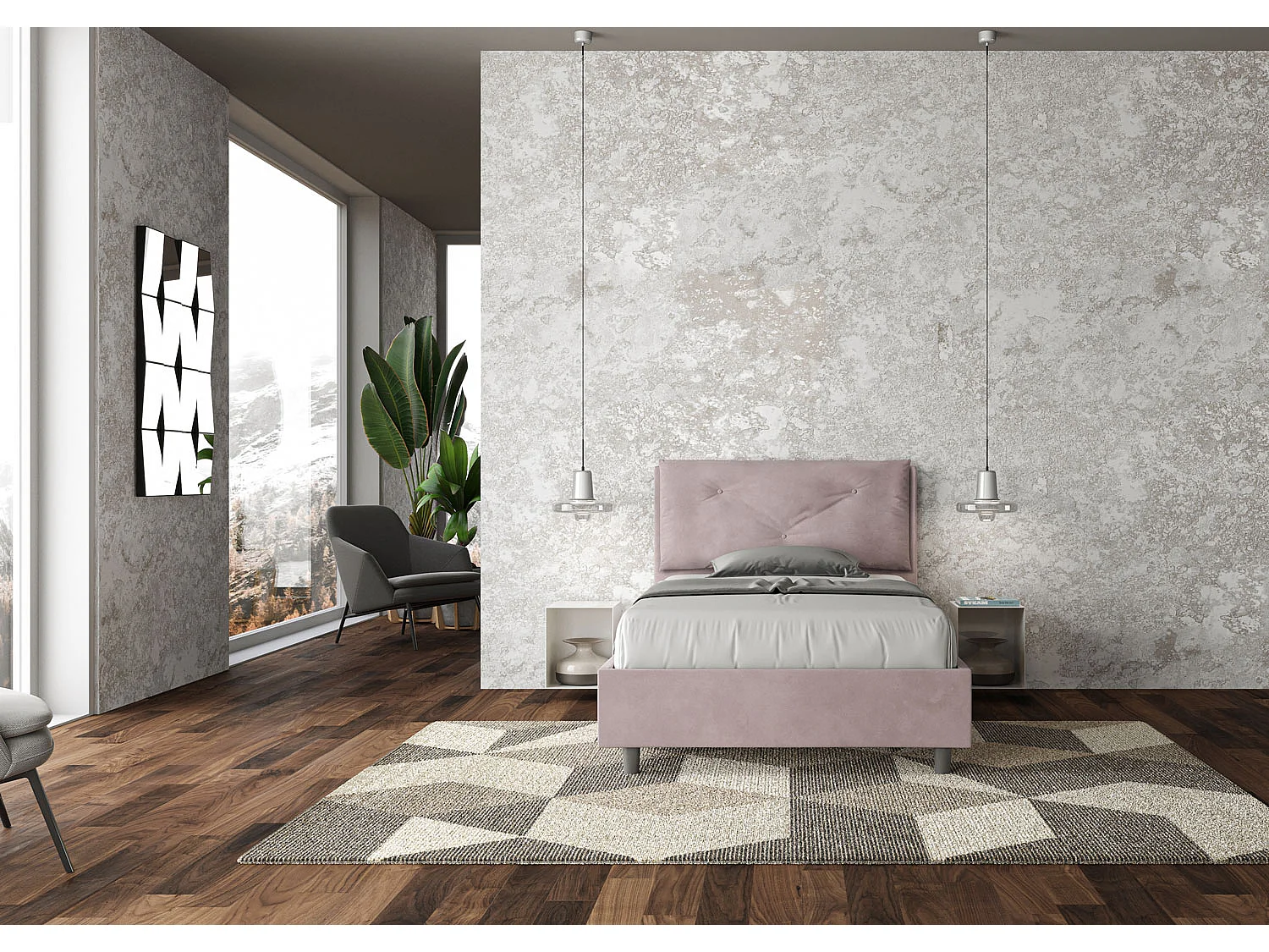 Cama de una plaza y medio  sin somier acolchada 120x210 microfibra lila Appia Large