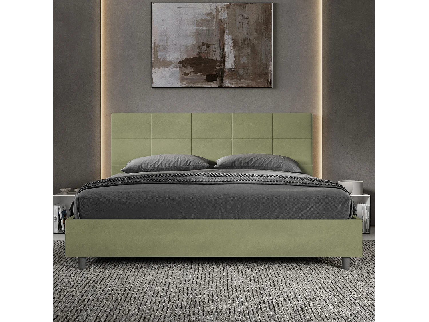 Lit king size sans sommier rembourré 180x190 microfibre vert Mika
