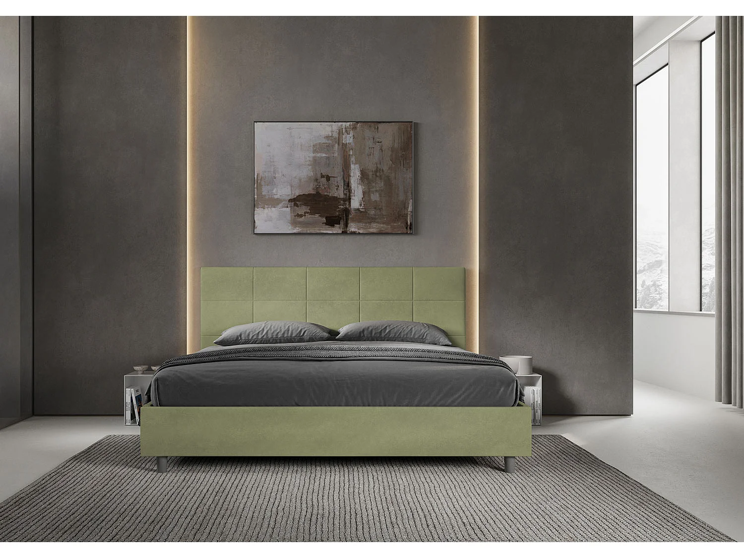 Lit king size sans sommier rembourré 180x190 microfibre vert Mika
