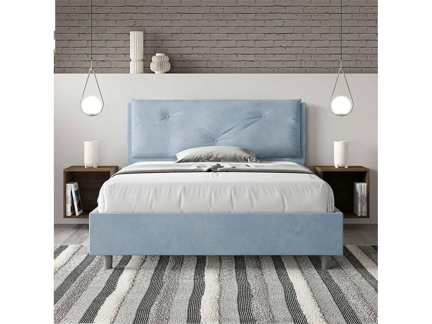 Lit double avec sommier rembourré 140x210 microfibre bleu clair Appia Large