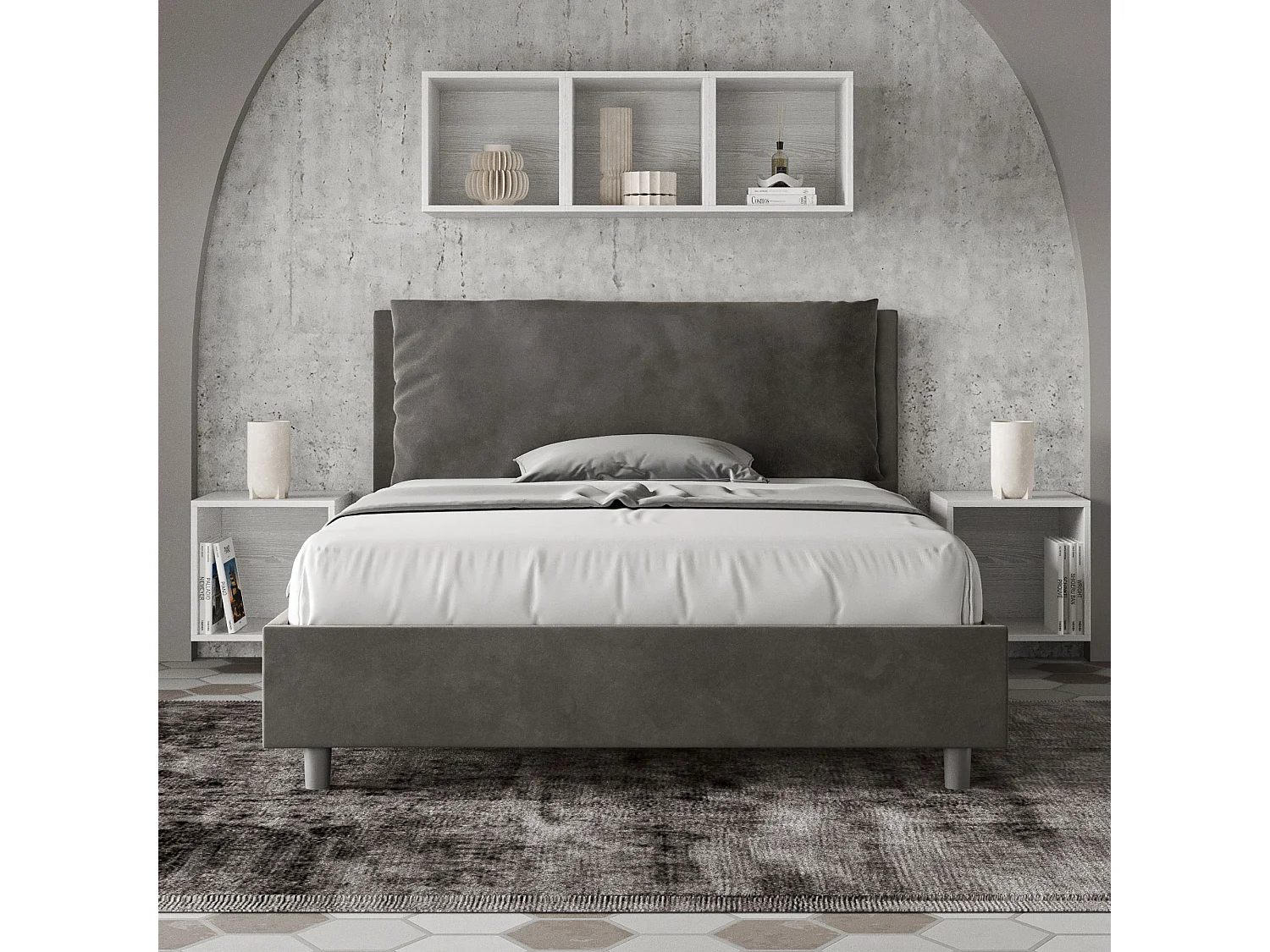 Lit double sans sommier rembourré 140x200 microfibre gris Antea Large