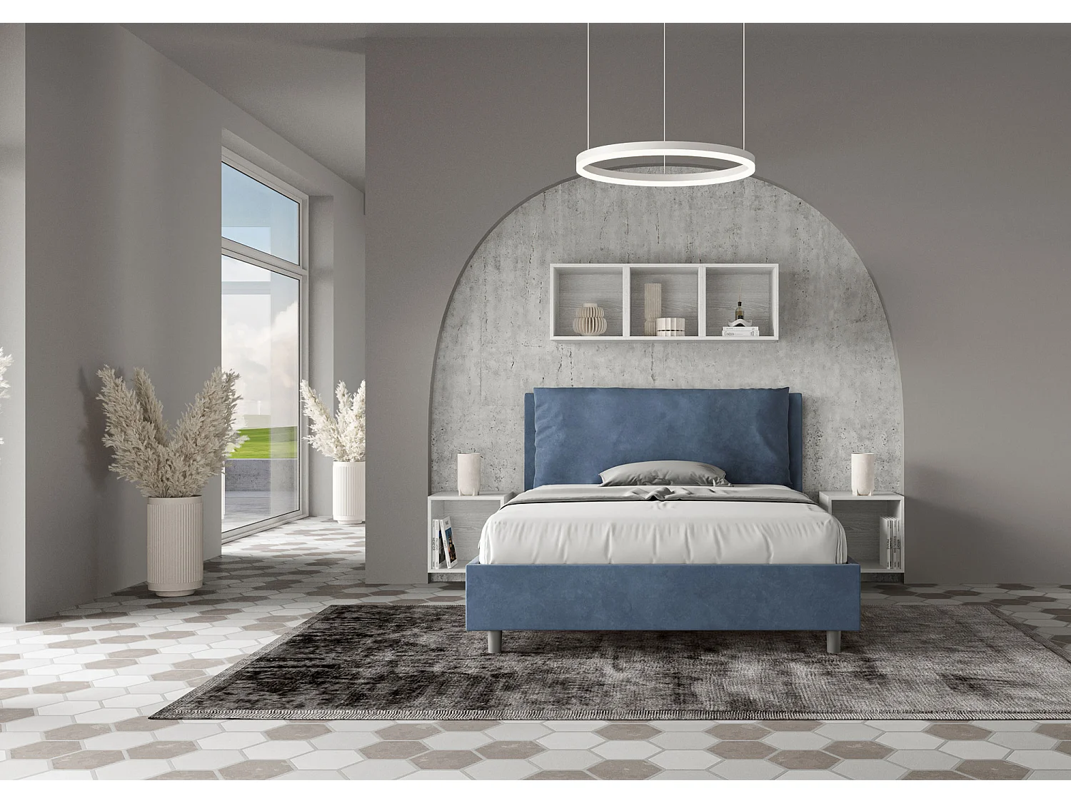 Letto matrimoniale francese con rete imbottito 140x200 microfibra blu Antea Large