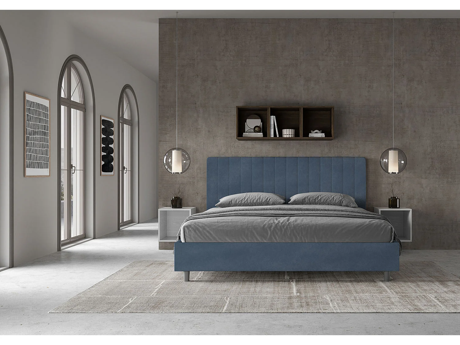 Cama matrimonial con somier acolchada 200x200 microfibra azul Agueda