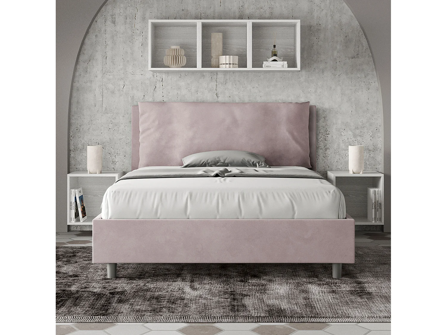 Letto matrimoniale francese con rete imbottito 140x190 microfibra glicine Antea Large