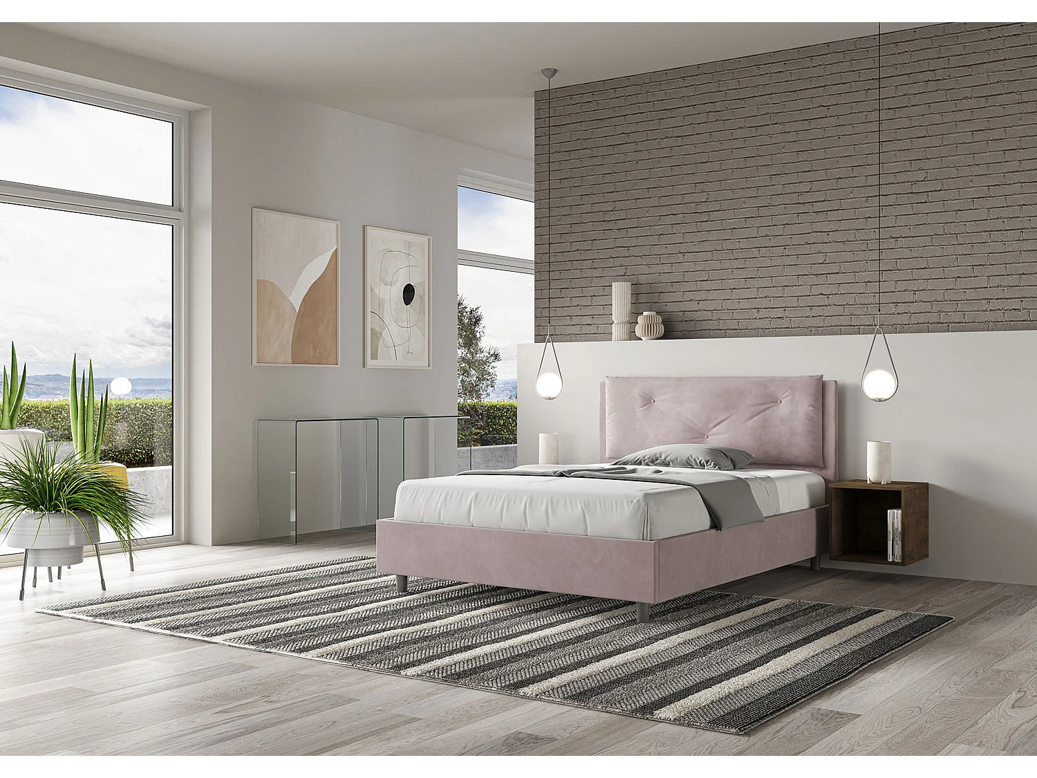 Letto matrimoniale francese con rete imbottito 140x200 microfibra glicine Appia Large