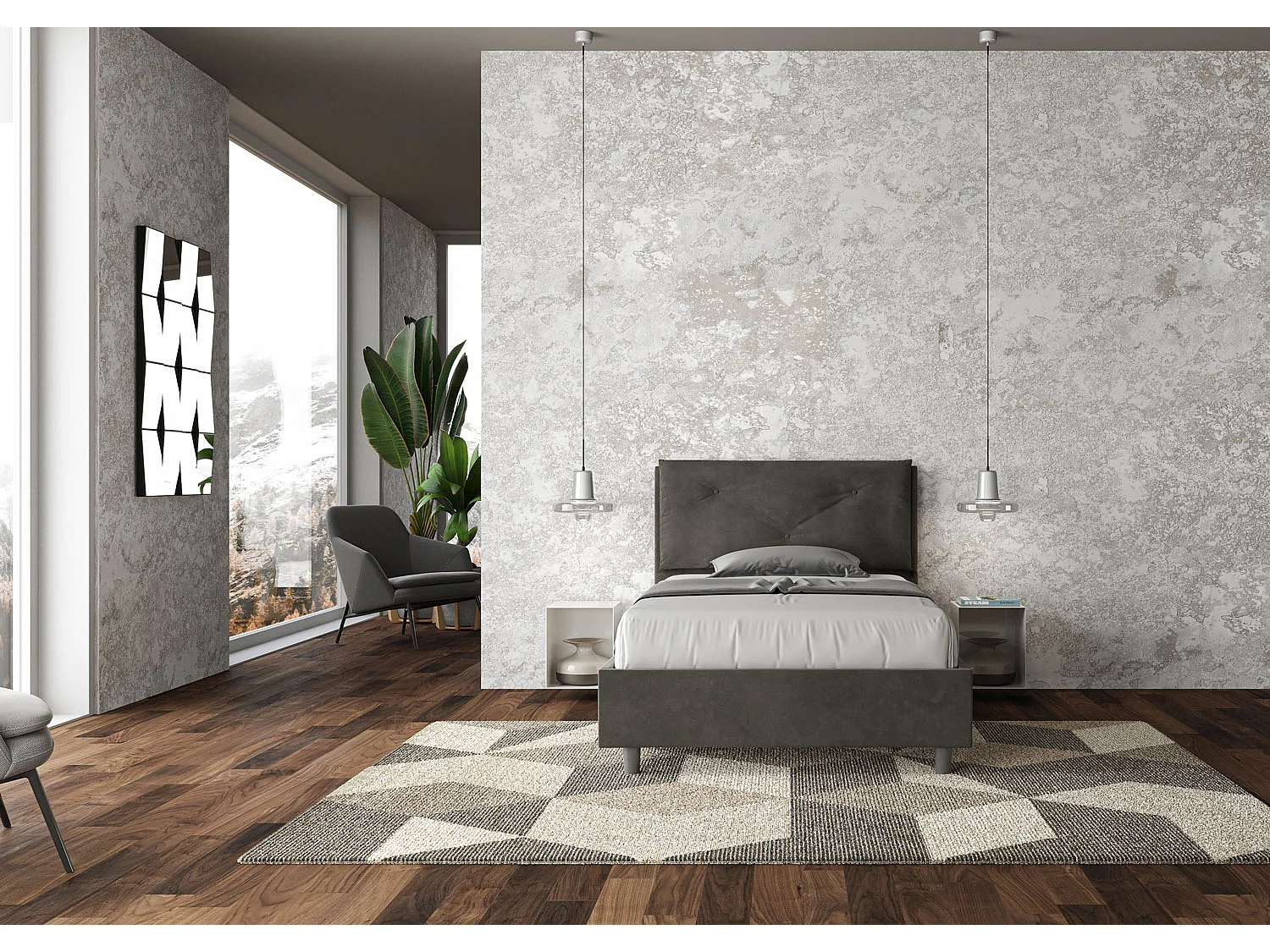 Lit 1 place et demi avec sommier rembourré 120x200 microfibre gris Appia Large