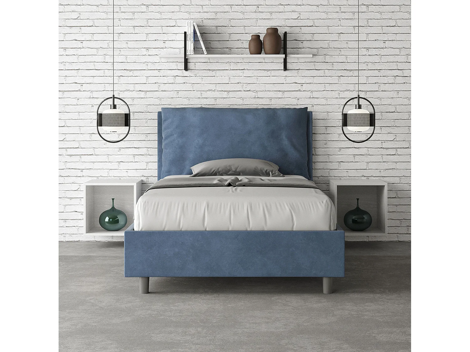 Lit 1 place et demi sans sommier rembourré 120x190 microfibre bleu Antea Large